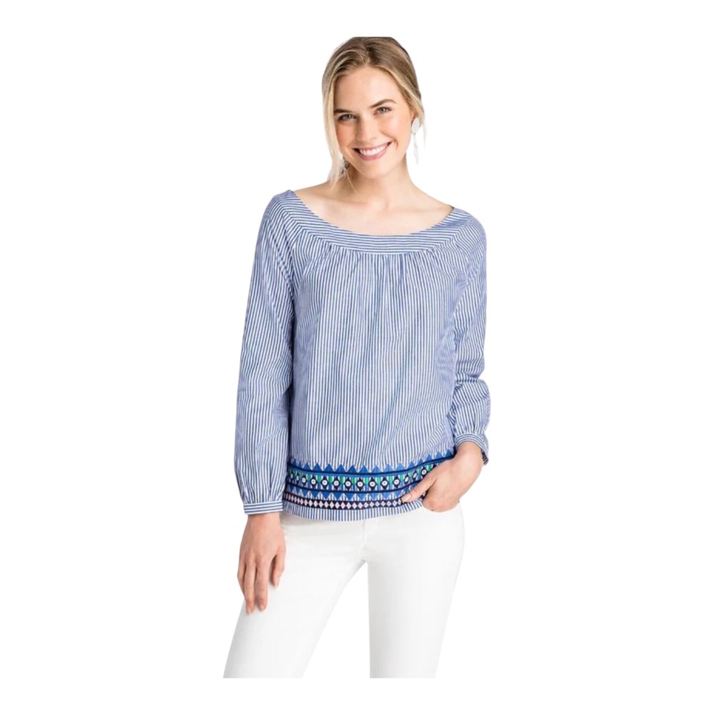 Vineyard Vines Blue Striped Peasant Top Embroidered Hem XL 100% Cotton
